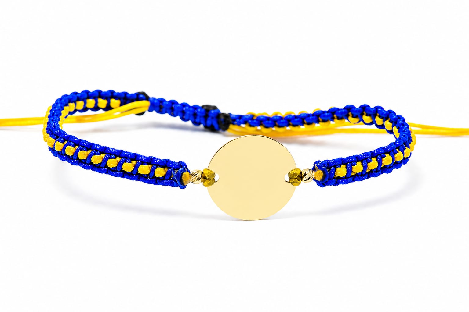 14K Gold Disc Macramé Bracelet – Custom Colours & Engravable