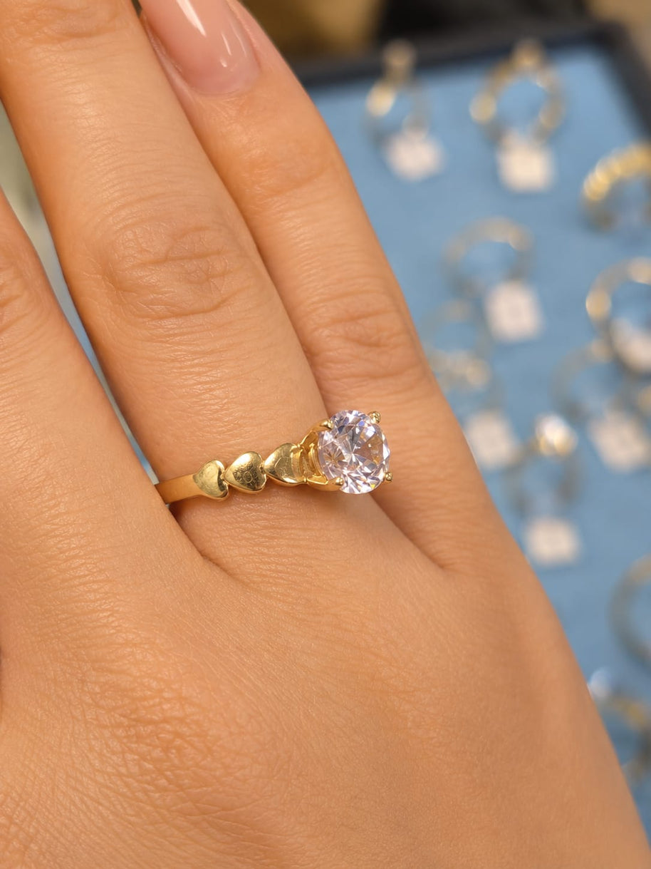 14K Yellow Gold Cubic Zirconia Heart Detail Solitaire Ring