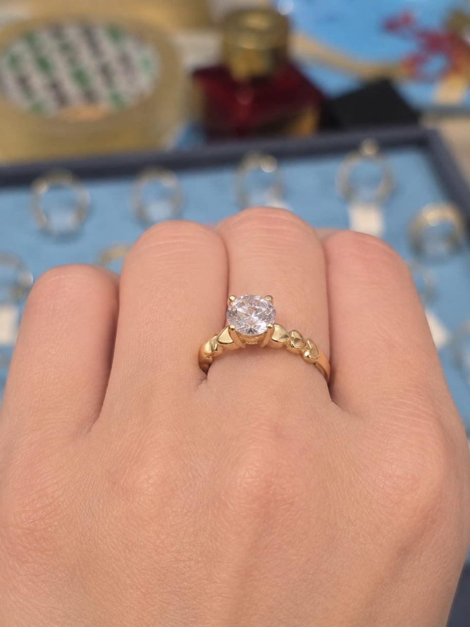 14K Yellow Gold Cubic Zirconia Heart Detail Solitaire Ring