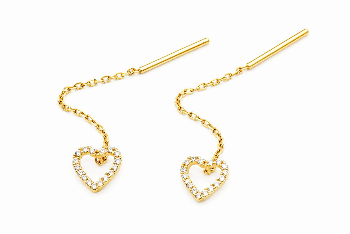 14K Yellow Gold CZ Open Heart Threader Earrings
