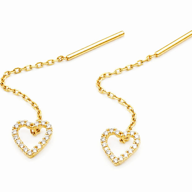 14K Yellow Gold CZ Open Heart Threader Earrings