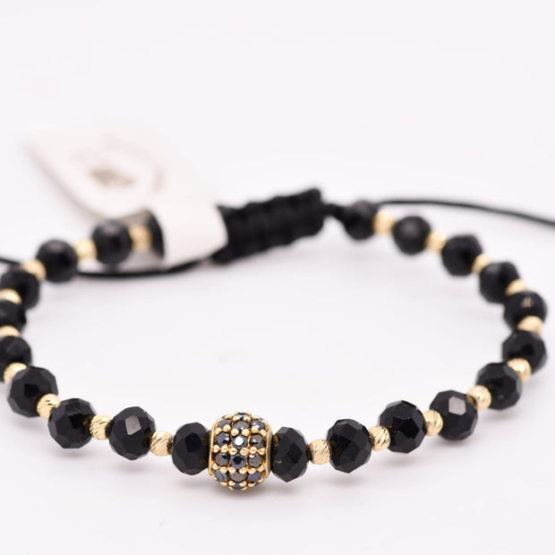 14K Gold Pavé CZ Bead Black Crystal Bracelet