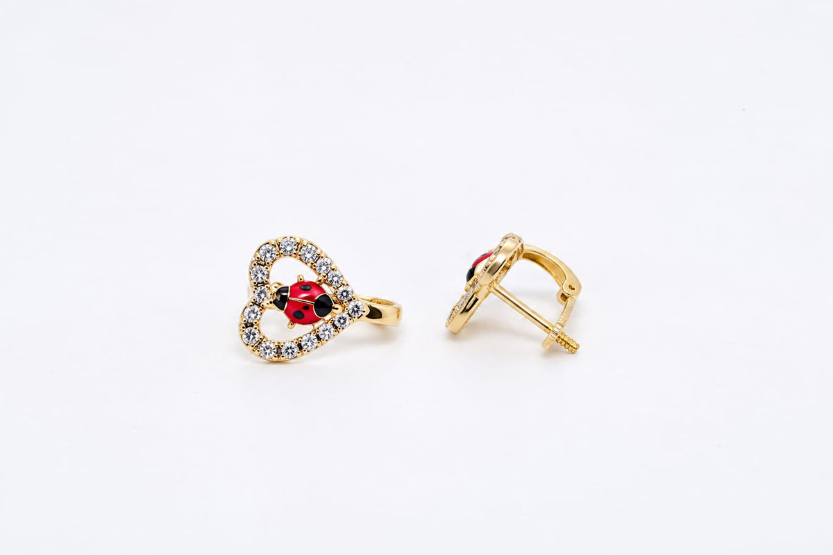 14K Gold Ladybug Heart Earrings for Children