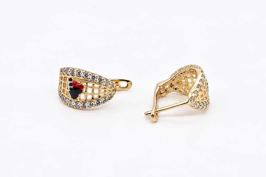 14K Gold Ladybug Lattice Heart Earrings for Children