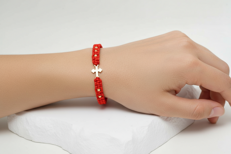 14K Gold Cross Bracelet – with 6 gold beads