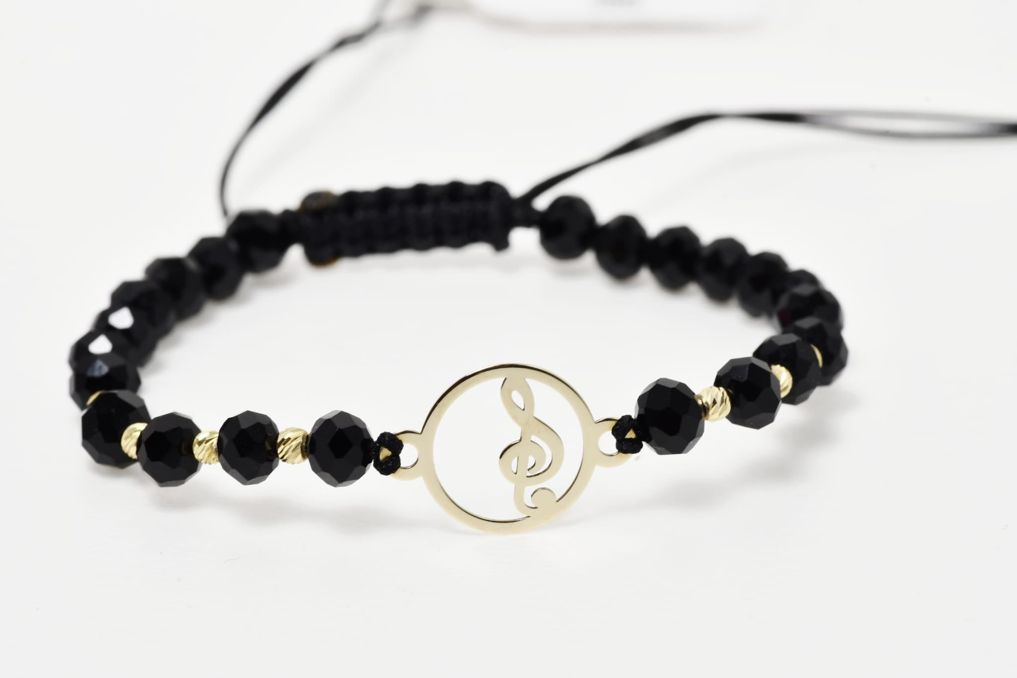 Musical Note Bracelet with Black Crystals and 14K Gold Pendant