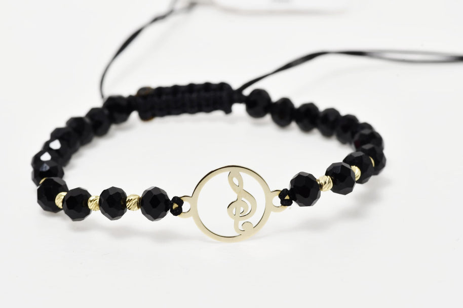 Musical Note Bracelet with Black Crystals and 14K Gold Pendant