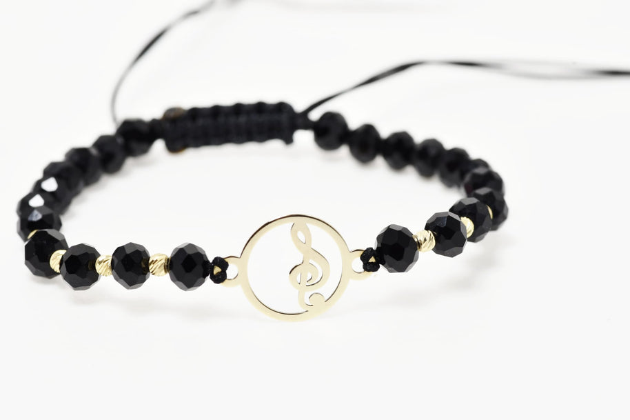 Musical Note Bracelet with Black Crystals and 14K Gold Pendant
