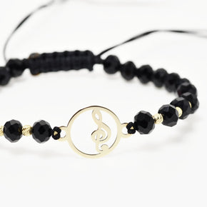 Musical Note Bracelet with Black Crystals and 14K Gold Pendant