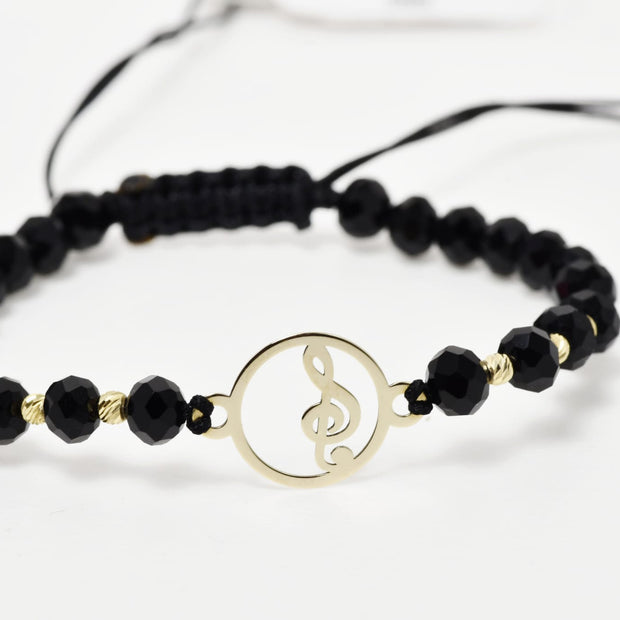 Musical Note Bracelet with Black Crystals and 14K Gold Pendant
