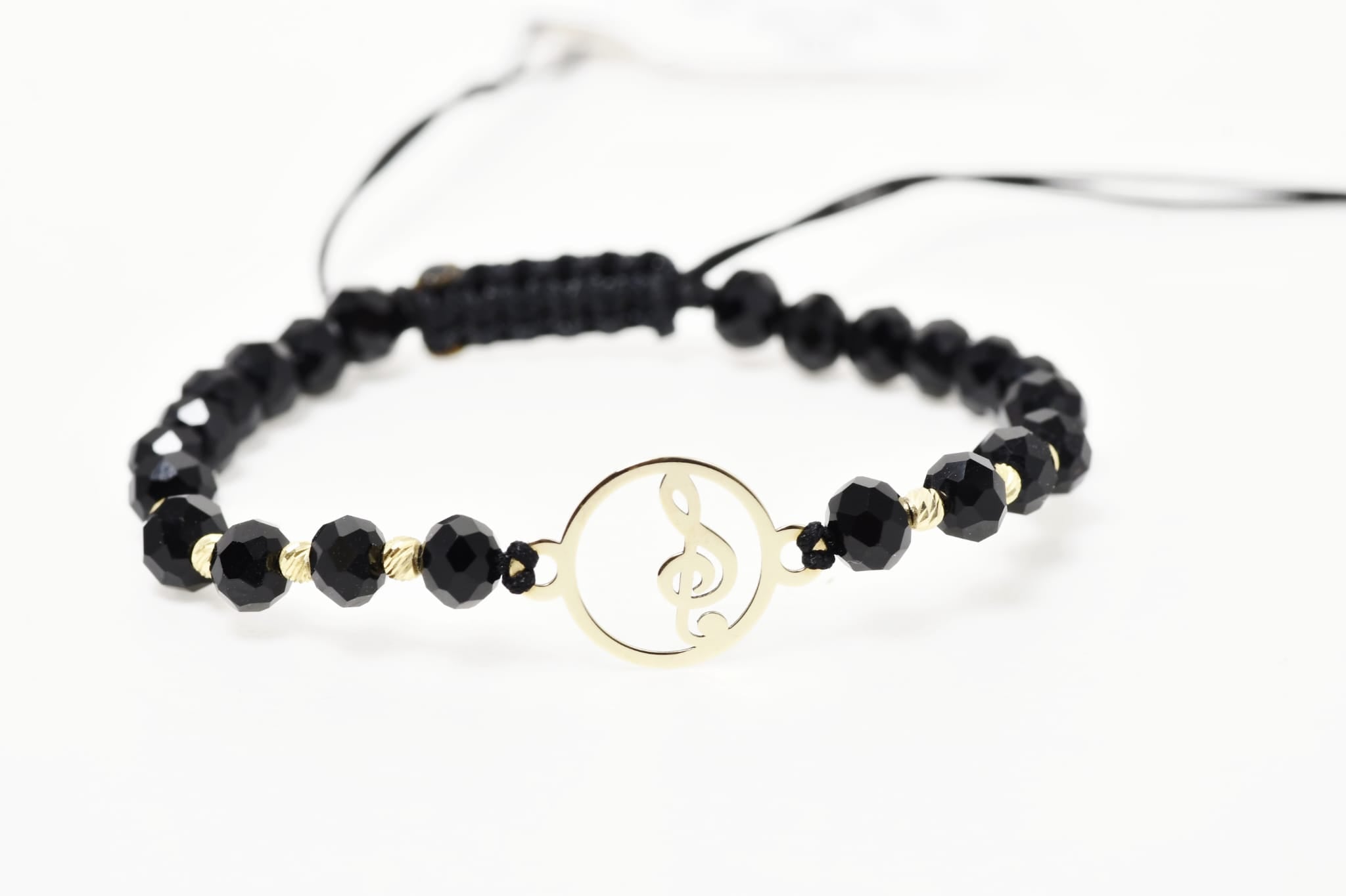 Musical Note Bracelet with Black Crystals and 14K Gold Pendant