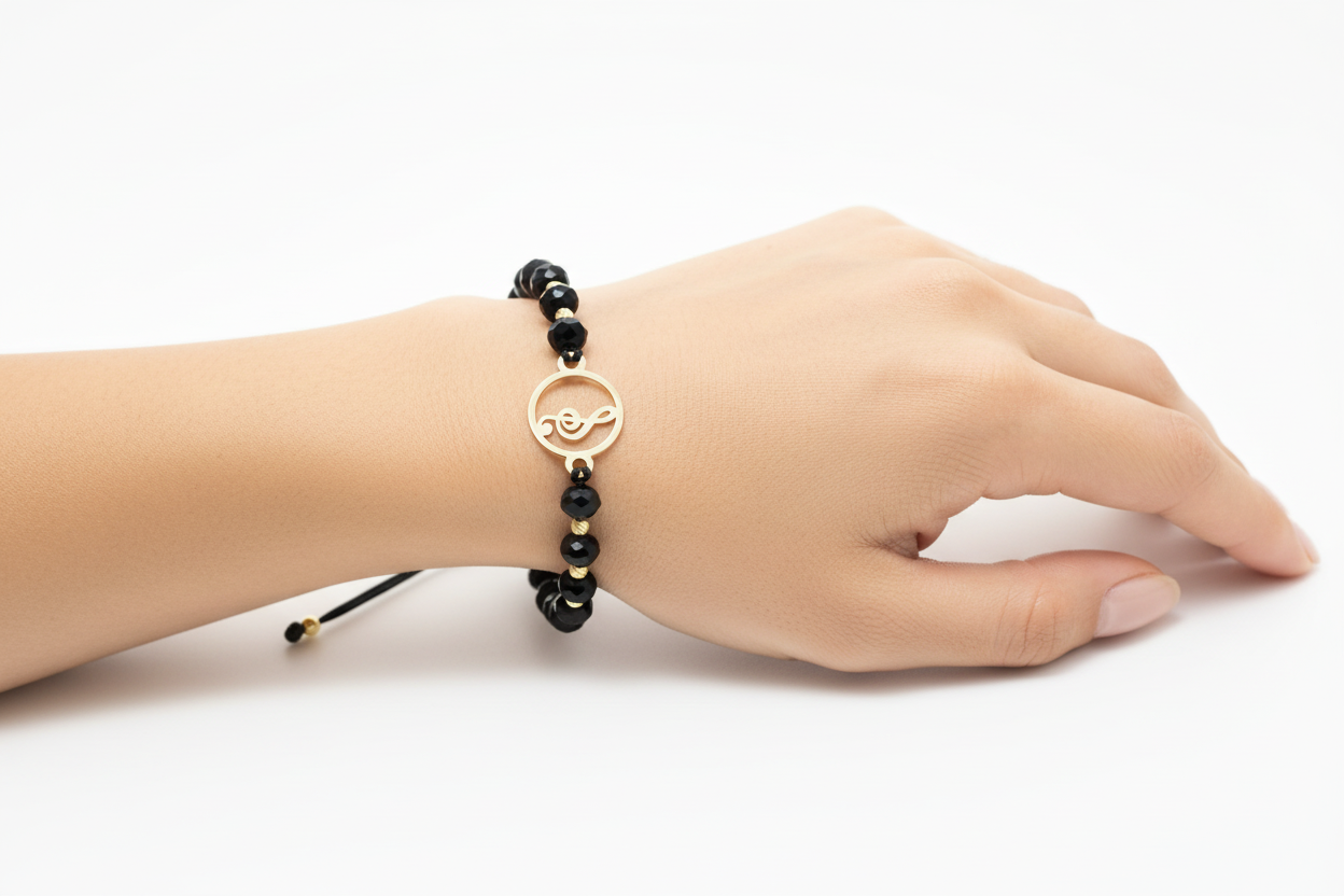 Musical Note Bracelet with Black Crystals and 14K Gold Pendant