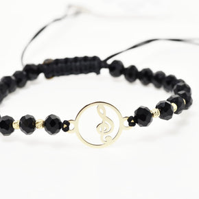 Musical Note Bracelet with Black Crystals and 14K Gold Pendant