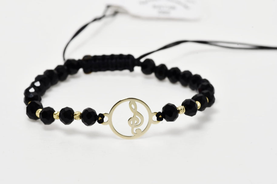 Musical Note Bracelet with Black Crystals and 14K Gold Pendant