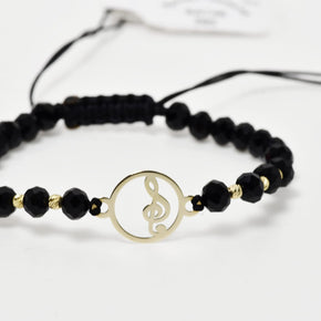 Musical Note Bracelet with Black Crystals and 14K Gold Pendant