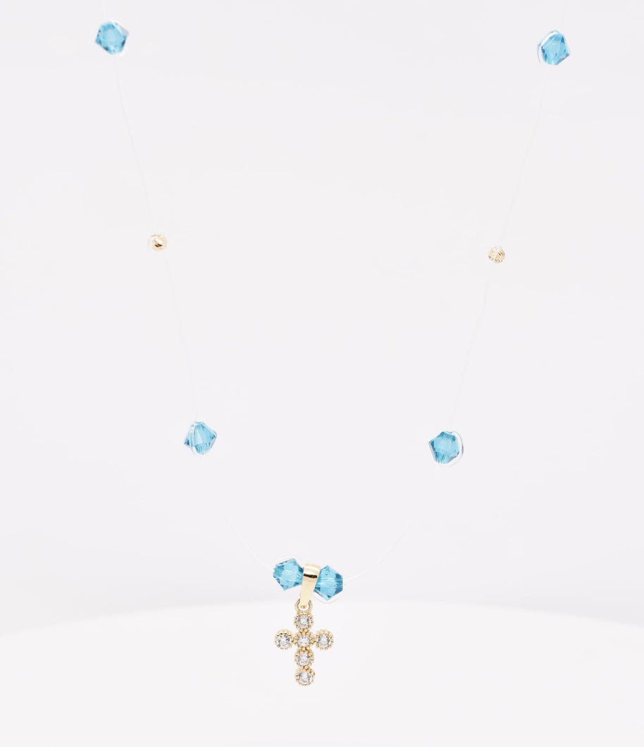 Blue Crystal Cross Necklace – 14K Gold
