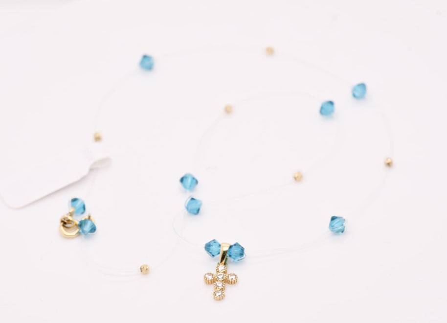 Blue Crystal Cross Necklace – 14K Gold