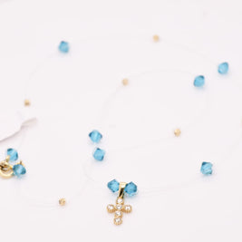 Blue Crystal Cross Necklace – 14K Gold