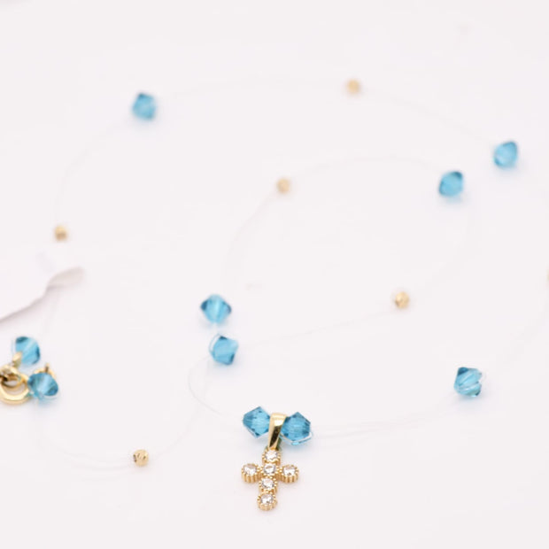 Blue Crystal Cross Necklace – 14K Gold