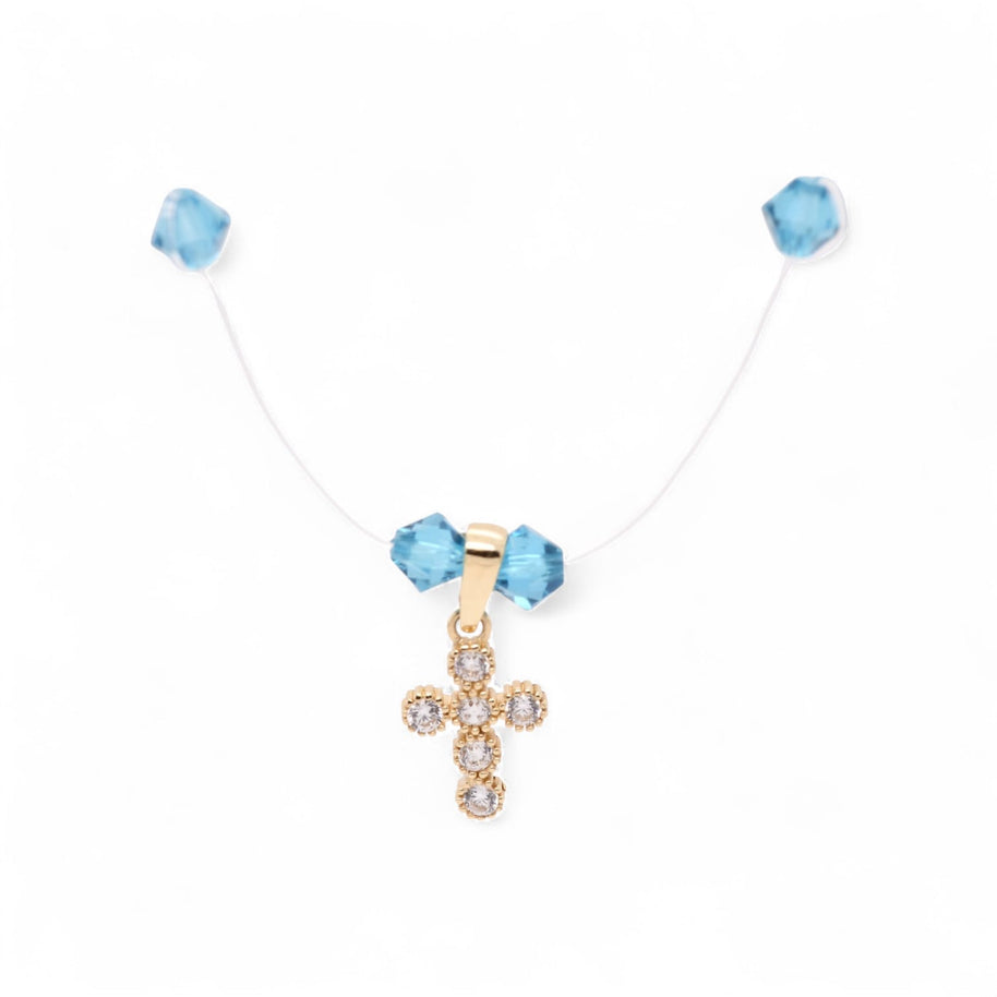 Blue Crystal Cross Necklace – 14K Gold