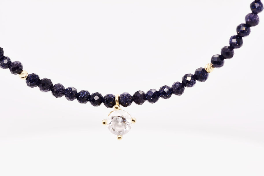 14K Gold Dark Blue Beaded Necklace with Crystal Charm