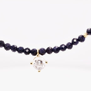 14K Gold Dark Blue Beaded Necklace with Crystal Charm