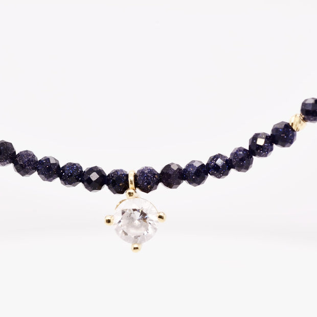14K Gold Dark Blue Beaded Necklace with Crystal Charm