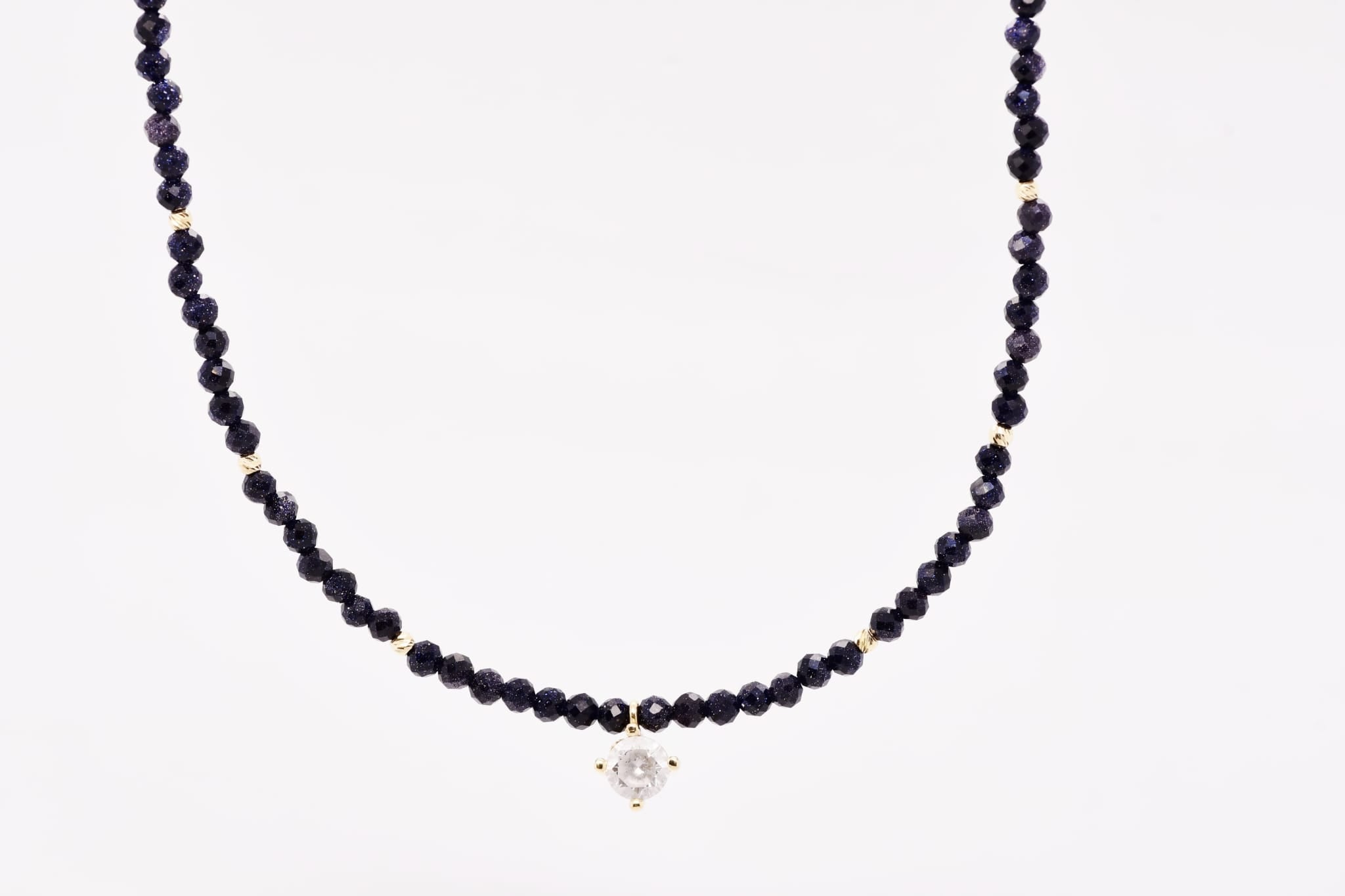 14K Gold Dark Blue Beaded Necklace with Crystal Charm