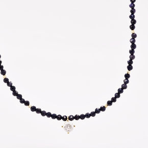 14K Gold Dark Blue Beaded Necklace with Crystal Charm