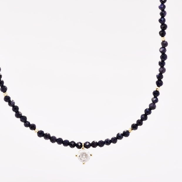 14K Gold Dark Blue Beaded Necklace with Crystal Charm