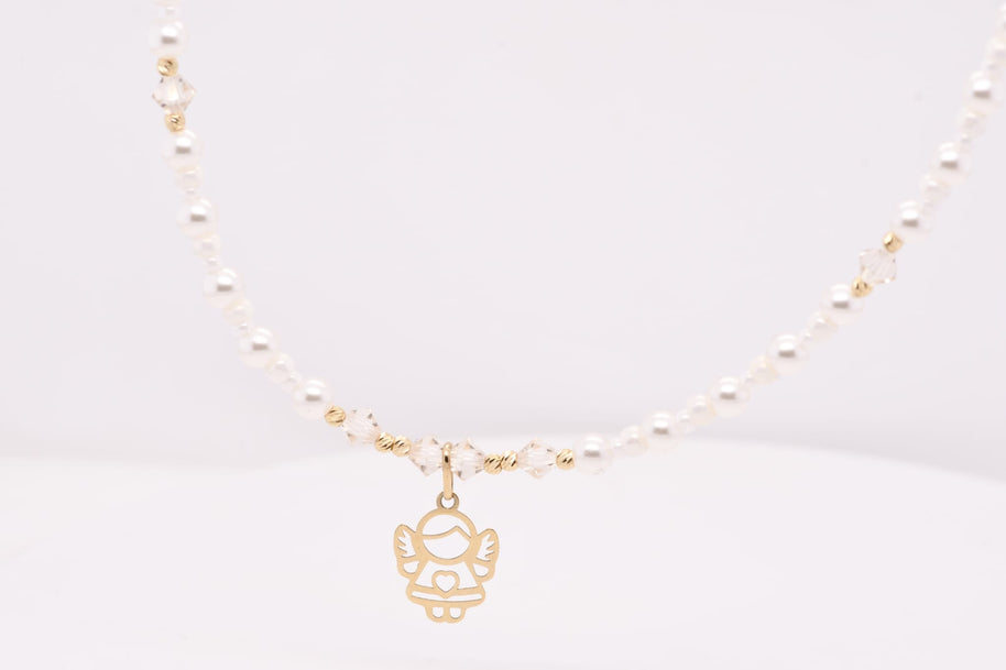 14K GolPearl and Crystal Angel Necklaced Necklace with Miyuki Beads and Pearls