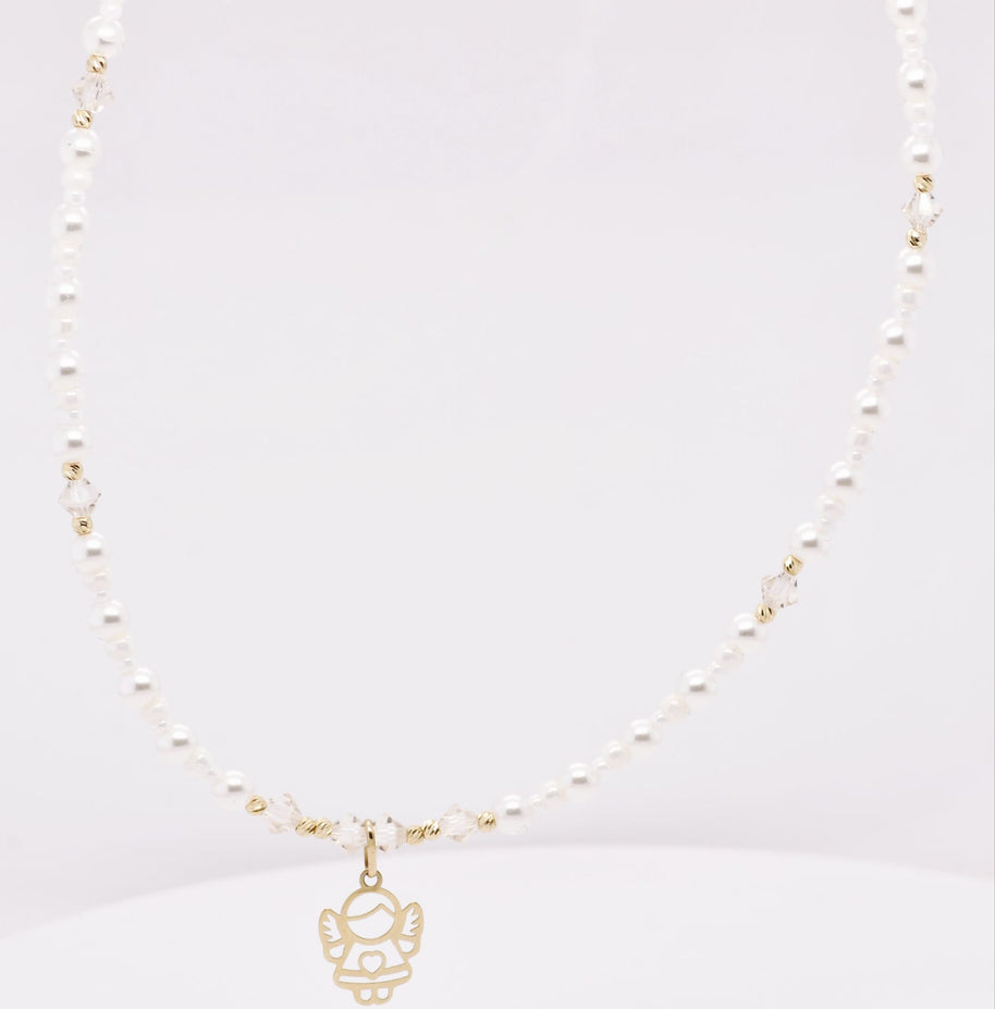 14K GolPearl and Crystal Angel Necklaced Necklace with Miyuki Beads and Pearls