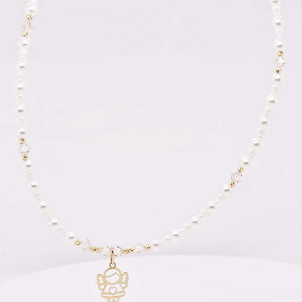 14K GolPearl and Crystal Angel Necklaced Necklace with Miyuki Beads and Pearls