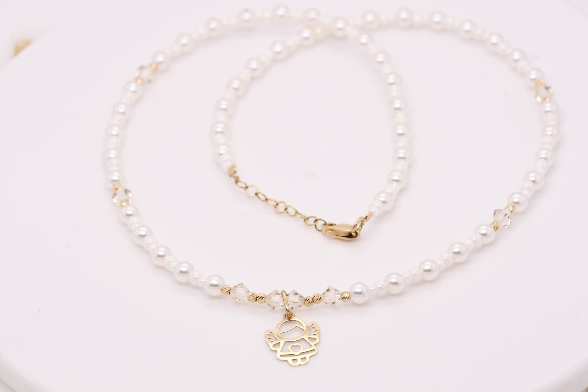 14K GolPearl and Crystal Angel Necklaced Necklace with Miyuki Beads and Pearls