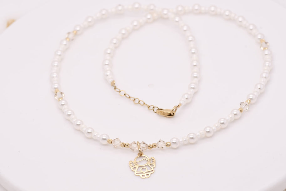 14K GolPearl and Crystal Angel Necklaced Necklace with Miyuki Beads and Pearls