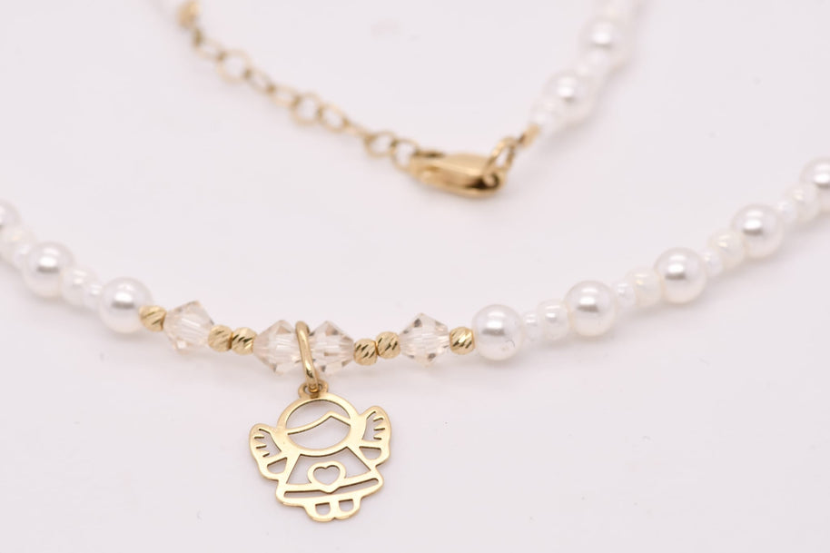 14K GolPearl and Crystal Angel Necklaced Necklace with Miyuki Beads and Pearls