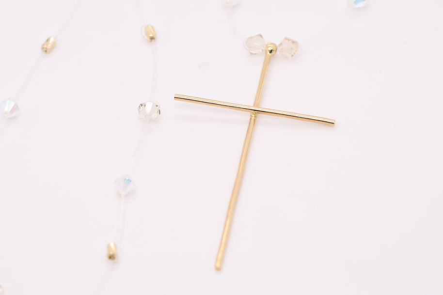 14K Gold Cross Necklace with Crystal Beads