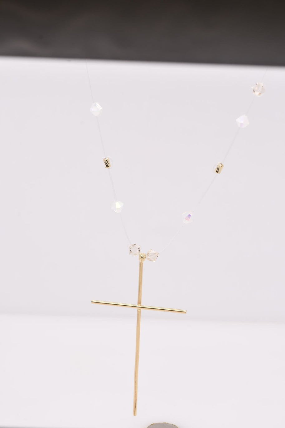 14K Gold Cross Necklace with Crystal Beads