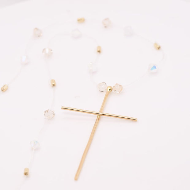 14K Gold Cross Necklace with Crystal Beads