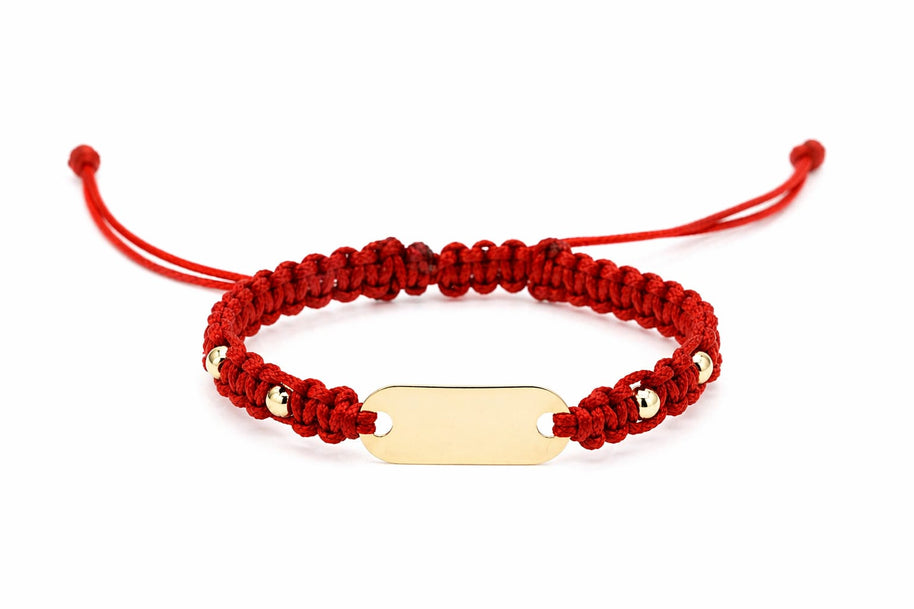 14K Gold Engravable Bar Red String Bracelet