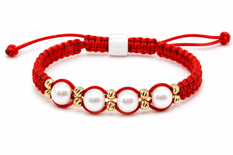 14K Gold Pearl Red String Bracelet