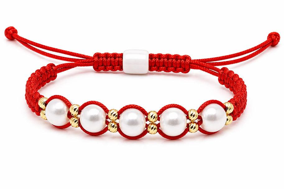14K Gold Pearl Red String Bracelet