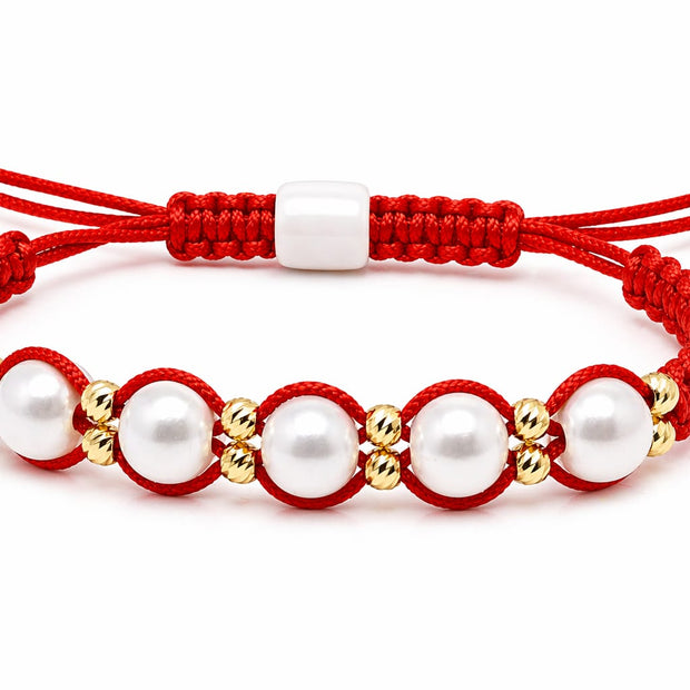 14K Gold Pearl Red String Bracelet