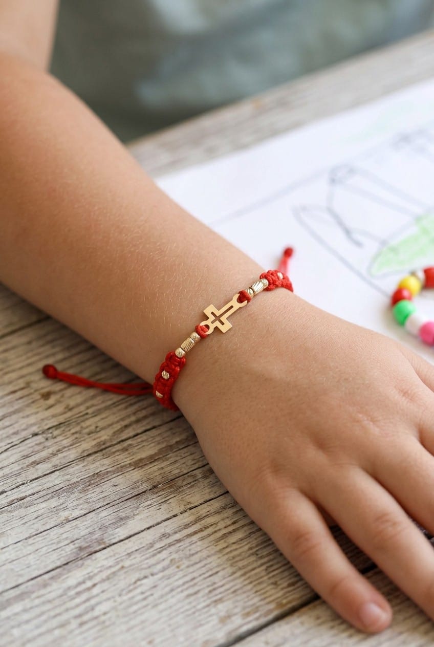 14K Gold Cross Adjustable Red Cord Bracelet