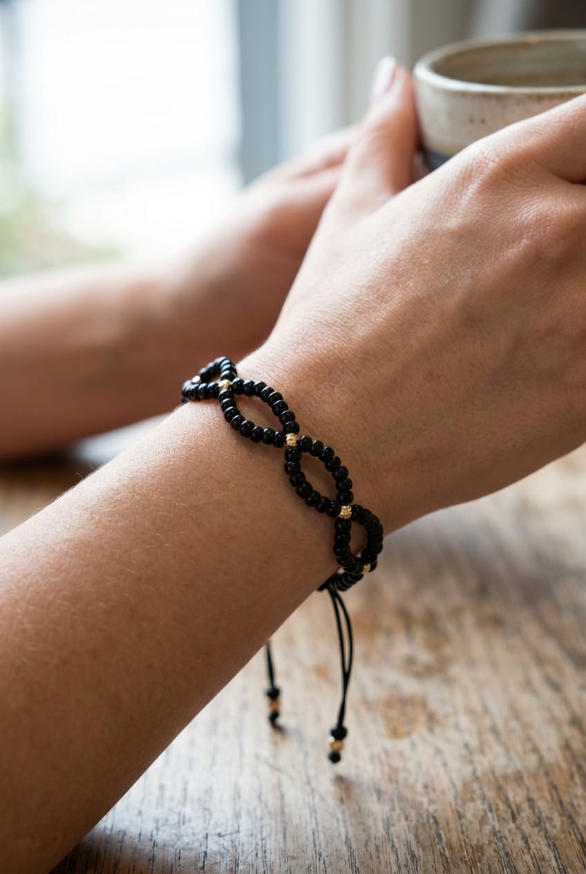 14K Gold Black Beaded Infinity Bracelet – Adjustable