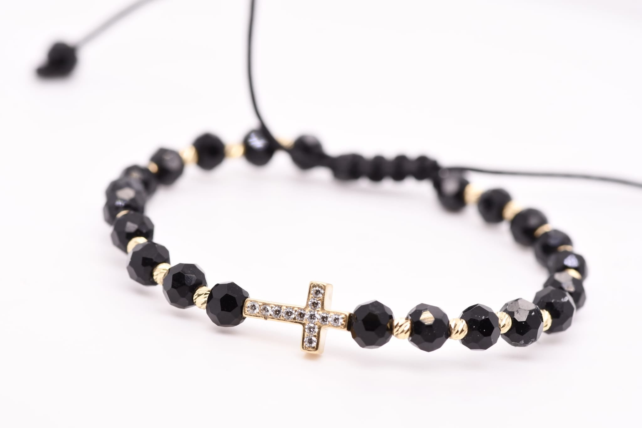 14K Gold Crystal Cross Bracelet – Adjustable Black Cord