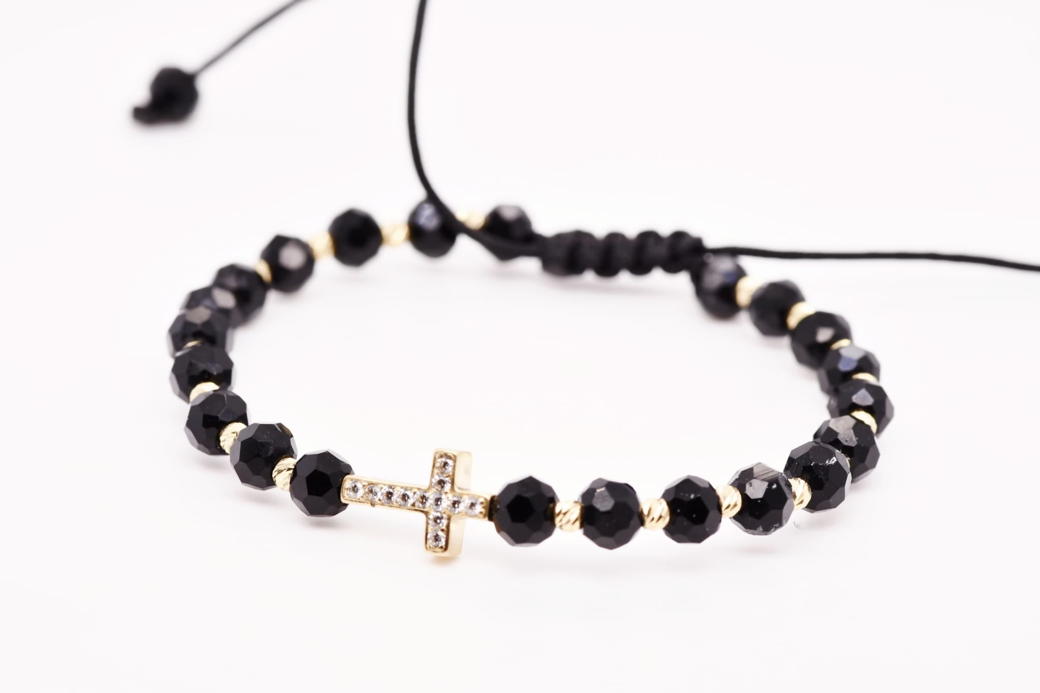14K Gold Crystal Cross Bracelet – Adjustable Black Cord