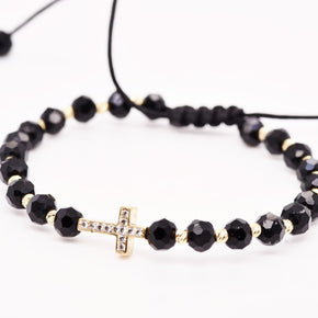 14K Gold Crystal Cross Bracelet – Adjustable Black Cord