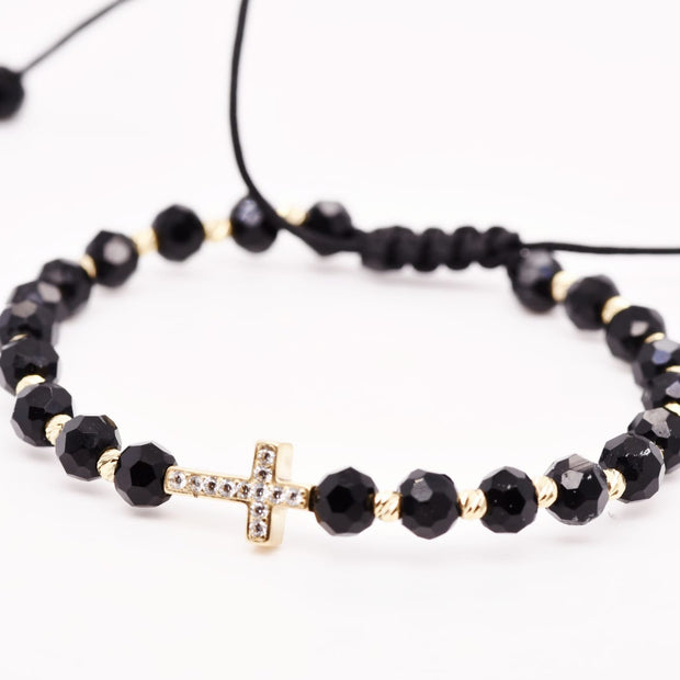 14K Gold Crystal Cross Bracelet – Adjustable Black Cord