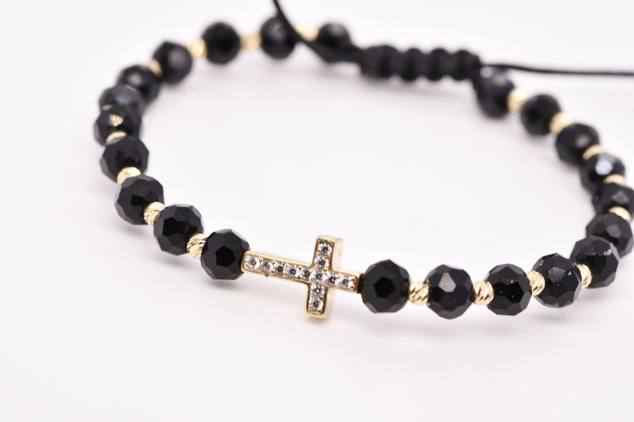 14K Gold Crystal Cross Bracelet – Adjustable Black Cord